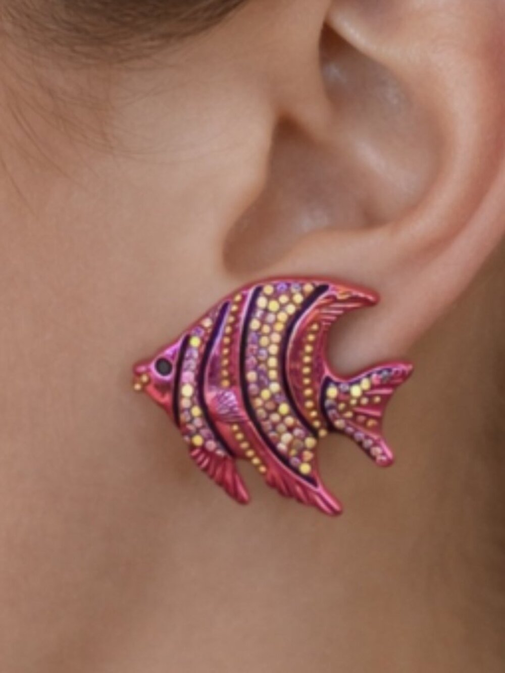 Pink Tropical Fish Earrings Rhinestone Enamel Studs Colorful Beach Vacation